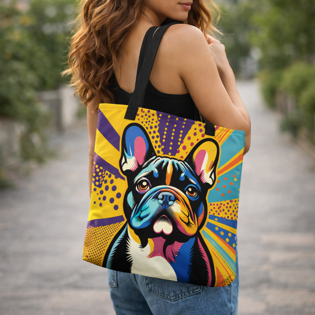Woman carrying a tote bag with a colorful dog design outdoors.