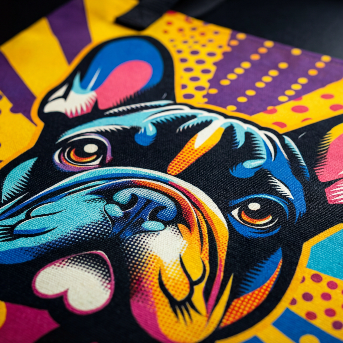 Colorful abstract design of a dog's face on a multicolored background